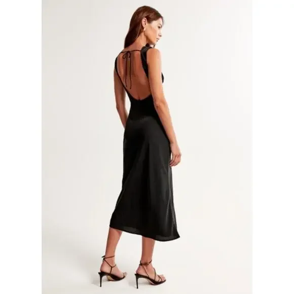 Abercrombie & Fitch black satin low back draped midi dress - Picture 2 of 8